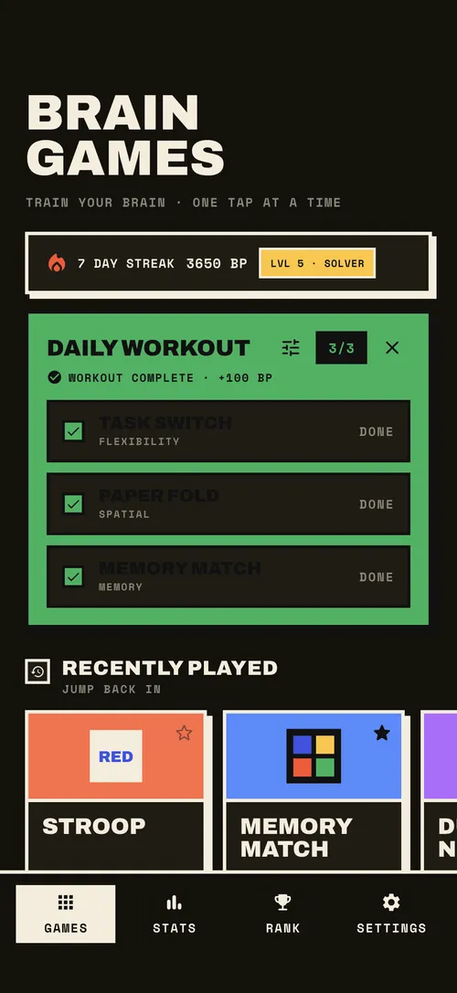 Brain Games app hub with the daily brain workout — three games from three cognitive skills