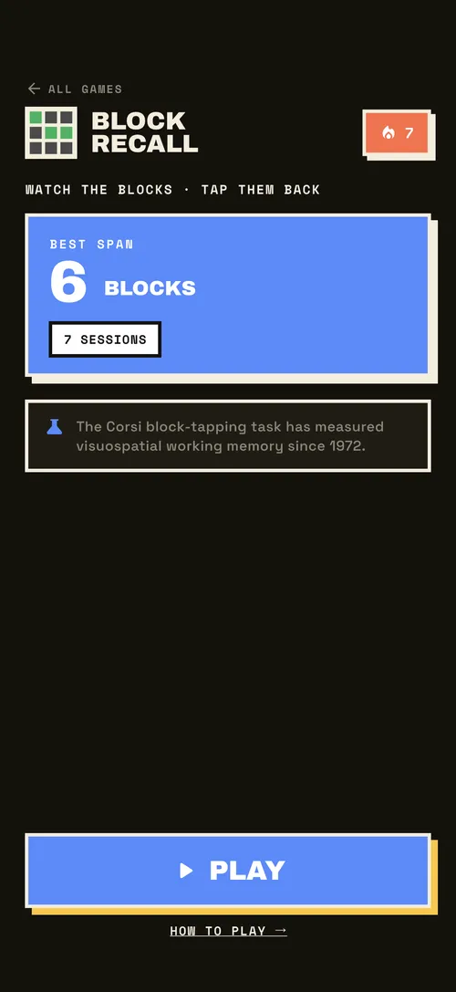 Block Recall — the Corsi block-tapping memory span test on iPhone