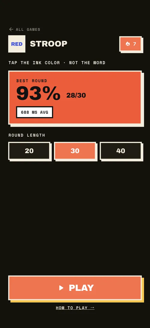 Stroop test game screen showing best round accuracy and average reaction time